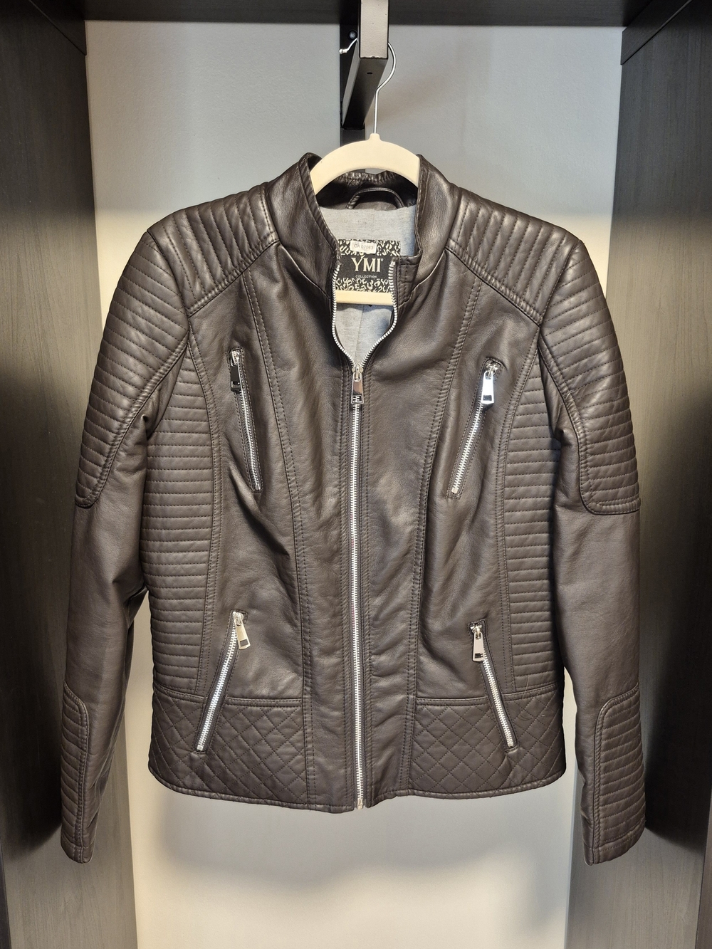 YMI Women's Quilted Moto Jacket in Brown